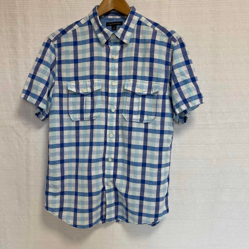 Banana Republic Men Linen/Cotton Blue and White Plaid Shirt Sz M